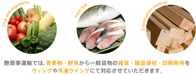 艶商事運輸では、青果物・鮮魚から一般貨物の雑貨・建設資材・印刷物等をウィングや冷凍ウイングにて対応させていただきます。